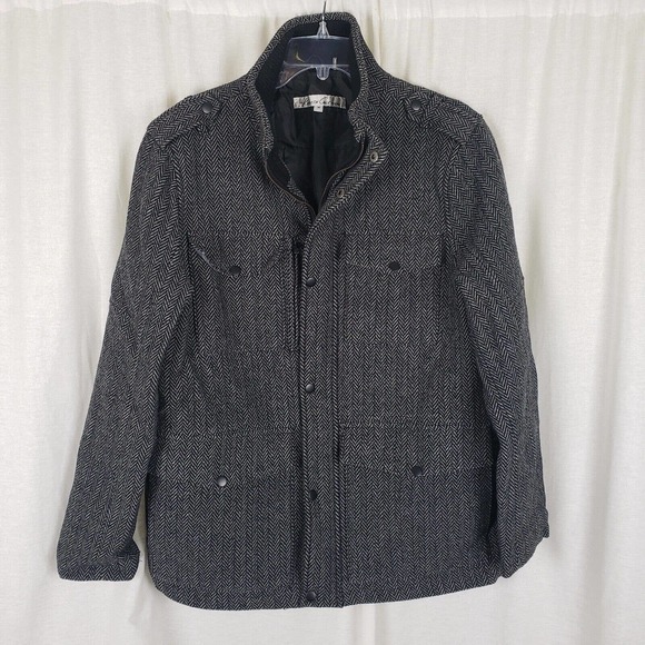 Kenneth Cole NY Herringbone Tweed Wool Bomber Field Jacket Mens M Black & White - Picture 1 of 6